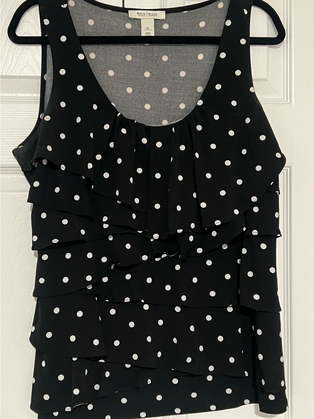 White House Black Market Black Polka Dot Ruffle Sleeveless Blouse